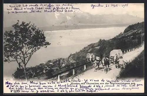 AK Gunten, Thunersee von der Sigriswylstrasse aus mit Pferdewagen