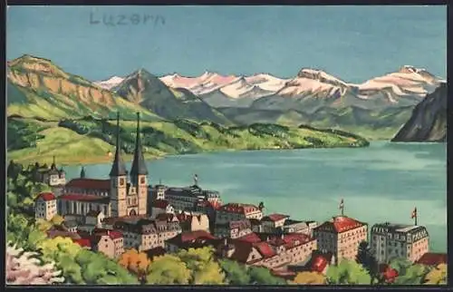 Künstler-AK Luzern, Ortsansicht mit Alpenpanorama