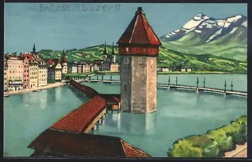 Künstler-AK Luzern, Kapellbrücke und Rigi