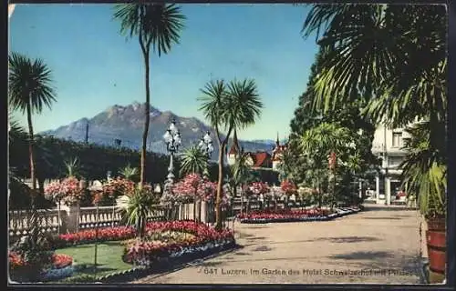 AK Luzern, Im Garten des Hotel Schweizerhof mit Pilatus