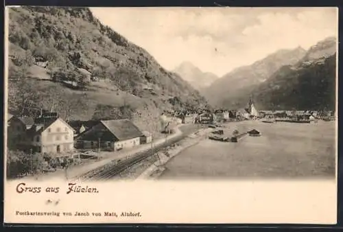 AK Flüelen, Ortsansicht, Bahnstrecke