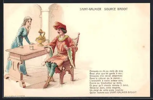 Lithographie Reklame Saint-Galmier Source Badoit, Burgherr und seine Frau im Gespräch