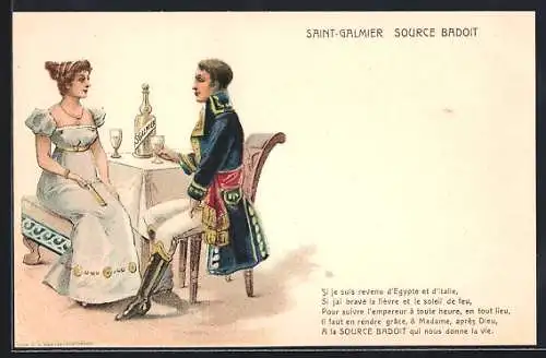 AK Saint-Galmier, Source Badoit, Herr und Dame mit Karaffe, Reklame