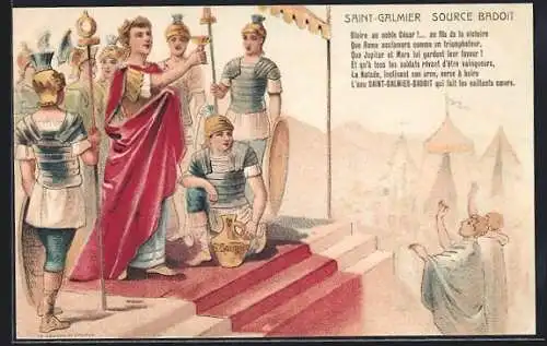 Künstler-AK Reklame für Tafelwasser Saint-Galmier Source Badiot, Römischer Kaiser mit Wasserkelch