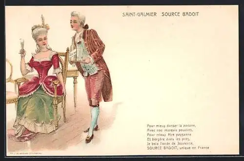 AK Saint-Galmier, Source Badoit, Herr und Dame mit Glas, Reklame