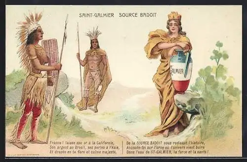AK Saint-Galmier, Source Badoit, Indianer und Frau mit Krug, Reklame