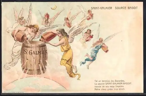 Lithographie Saint-Galmier, Source Badoit, Engel mit Krügen an einem Fass, Reklame