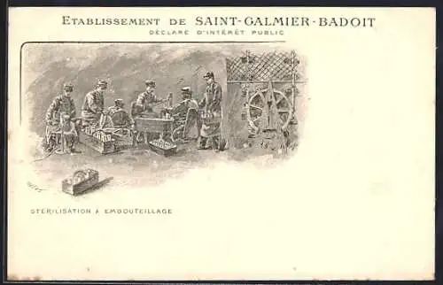 AK Etablissement de Saint-Galmier-Badoit, Sterilisation & Embouteillage, Arbeiter füllen Wein in Flaschen