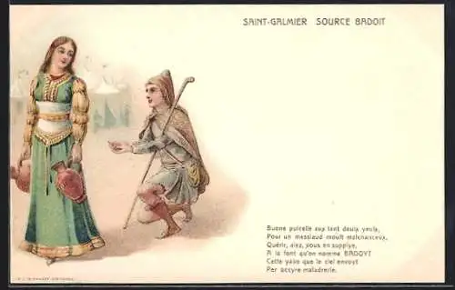 Lithographie Reklame für Mineralwasser Saint-Galmier Source Badoit, Mann bittet eine Frau um Wasser
