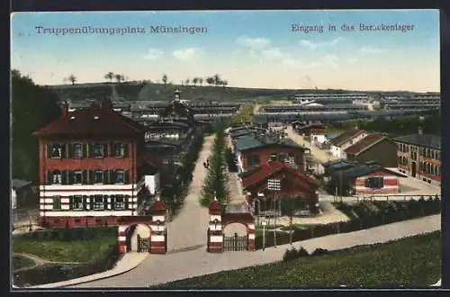 AK Münsingen, Eingang in das Barackenlager des Truppenübungsplatzes