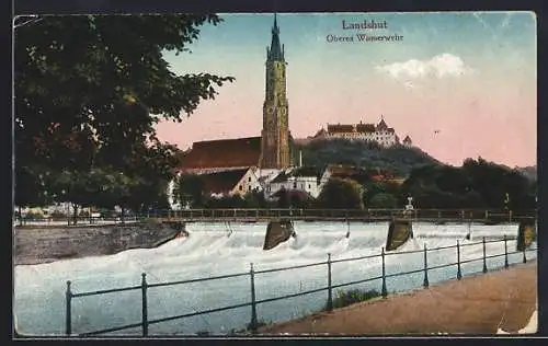 AK Landshut / Isar, Oberes Wasserwehr, Blick zur Kirche