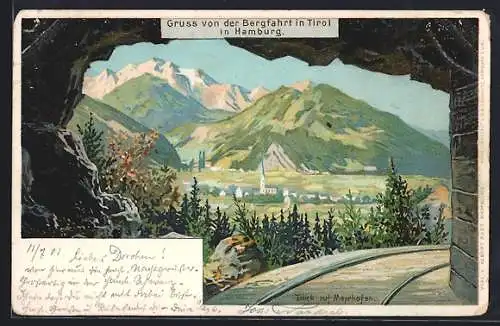 Lithographie Mayrhofen, Ortsansicht, Gruss von der Fernfahrt in Tirol in Hamburg