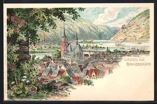 Lithographie Bingen / Rhein, Stadt mit Umgebung v. Burg Klopp aus gesehen