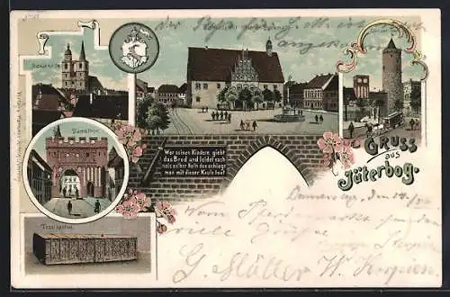 Lithographie Jüterbog, Rathaus mit Kriegerdenkmal, Nicolai-Kirche, Dammthor