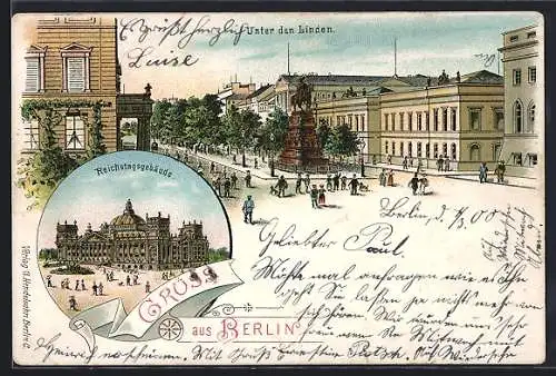 Lithographie Berlin, Unter den Linden, Reichstagsgebäude, Denkmal
