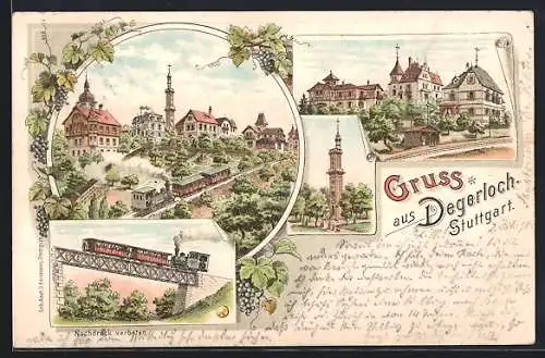 Lithographie Stuttgart-Degerloch, Ortsansichten mit Eisenbahn