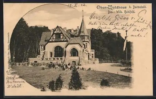 AK Darmstadt, Blick auf Gasthaus Ober-Waldhaus mit Terrasse