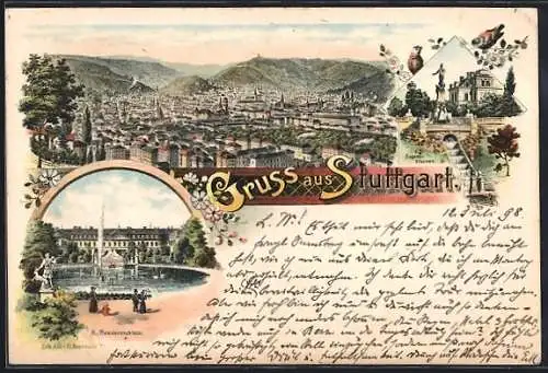 Lithographie Stuttgart, Totalansicht, Eugensbrunnen, Residenzschloss