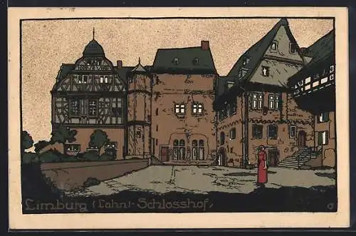 Steindruck-AK Limburg / Lahn, Partie auf dem Schlosshof