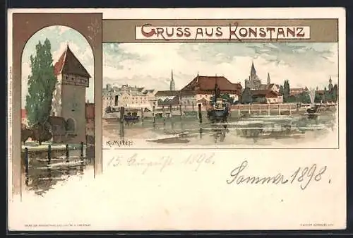 Künstler-AK Karl Mutter: Konstanz, Ortsansicht und Rheintorturm