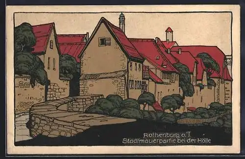 Steindruck-AK Rothenburg / Tauber, Stadtmauerpartie bei der Hölle