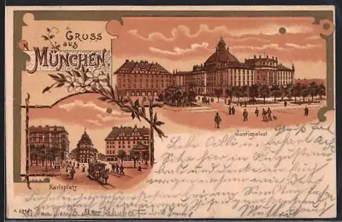 Lithographie München, Justizpalast und Karlsplatz
