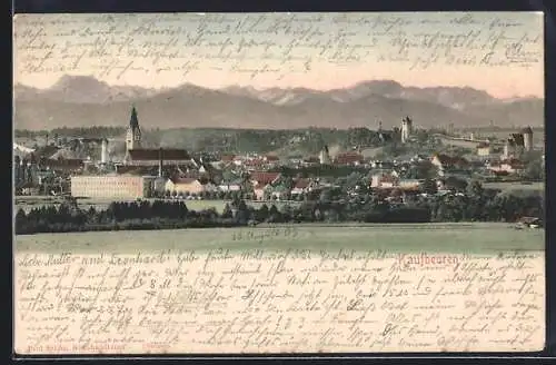 AK Kaufbeuren, Panorama der Stadt gegen die Berge