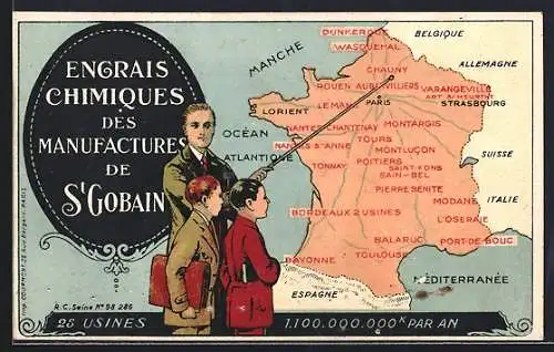 Künstler-AK Chauni, Lehrer zeigt auf Landkarte mit Modane, Reklame für Engrais Chimiques des Manufactures de St. Gobain