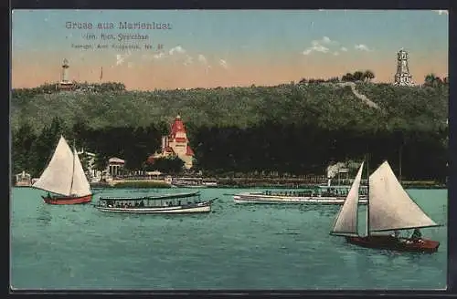 AK Berlin-Köpenick, Gasthaus Marienlust, Dampfer, Segelschiffe