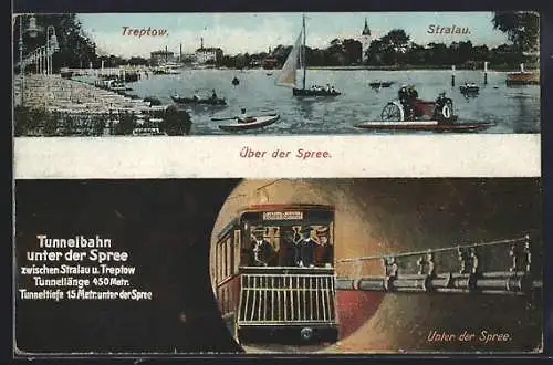 AK Berlin-Stralau, U-Bahn zwischen Treptow und Stralau, Unter und über der Spree