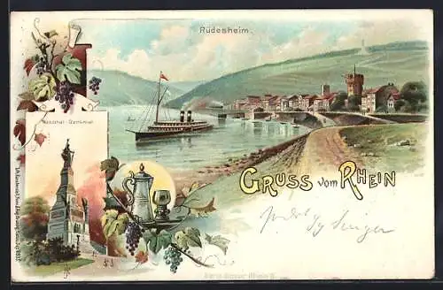 Lithographie Rüdesheim / Rhein, National Denkmal, Dampfer, Ortsansicht
