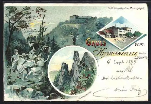 Lithographie Thale, Teilansicht, Hexentanzplatz, Hirschgrund