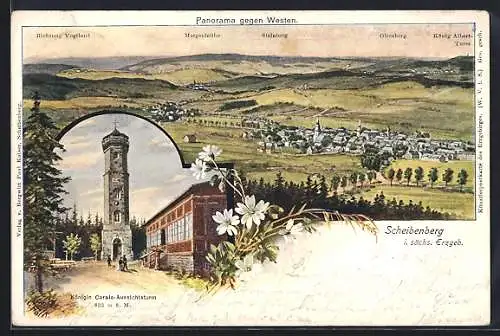 AK Scheibenberg i. sächs. Erzgeb., Königin Carola-Aussichtstum, Panorama mit Morgenleithe u. Steinberg gegen Westen