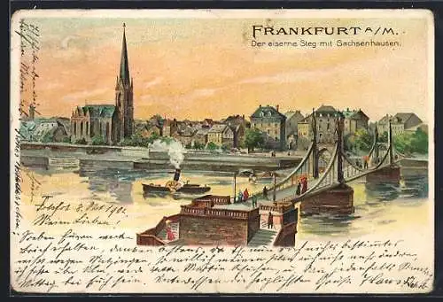 Lithographie Frankfurt a. M., Eiserner Steg und Blick nach Sachsenhausen