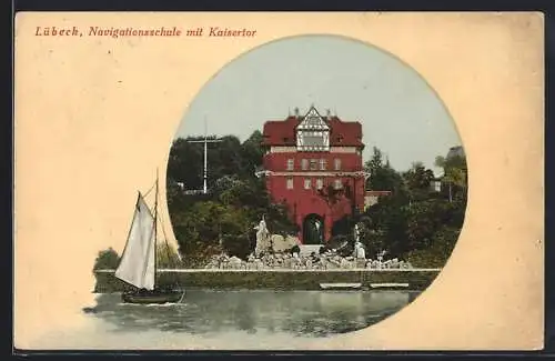 AK Lübeck, Navigationsschule mit Kaisertor, Segelboot