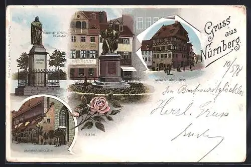 Lithographie Nürnberg, Albrecht Dürer-Denkmal, Albrecht-Dürer-Haus, Bratwurstglöcklein