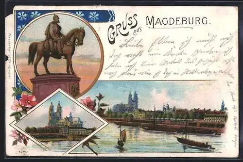 AK Magdeburg, Dom, Denkmal, Uferpartie
