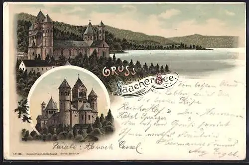 Lithographie Maria Laach, Laacher See, Panorama mit Burg