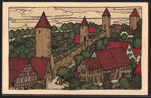 Steindruck-AK Dinkelsbühl, Turmpartie an der Stadtmauer