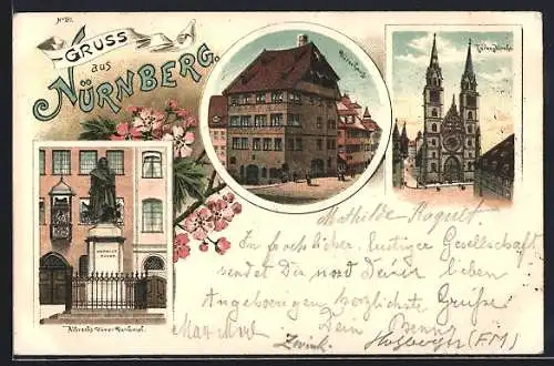 Lithographie Altdorf /Nürnberg, Albrecht Dürer Denkmal, Dürerhaus