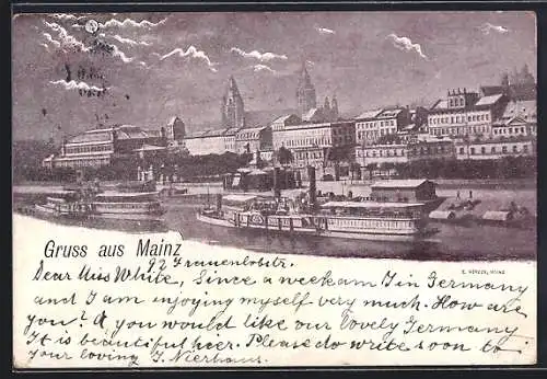AK Mainz, Panorama, Uferpartie mit Dampferanlegestelle