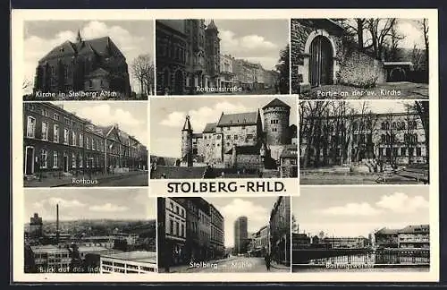 AK Stolberg /Rhld., Kirche, Rathaus, Mühle, Partie an der ev. Kirche, Rathausstrasse