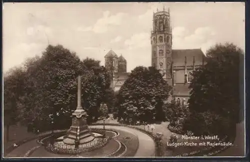 AK Münster i. Westf., Ludgeri-Kirche mit Mariensäule