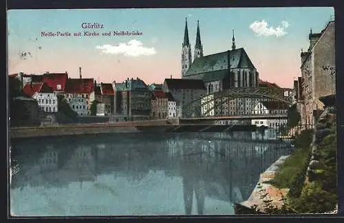 AK Görlitz, Neisse-Partie mit Kirche und Neisse­brücke