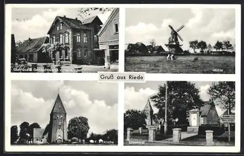 AK Riede / Verden, Gasthaus von Hermann Iden, Mühle, Kirche, Ehrenmal