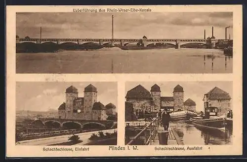 AK Minden i. W., Überführung des Rhein-Weser-Elbe-Kanals, Schachtschleuse Einfahrt und Ausfahrt