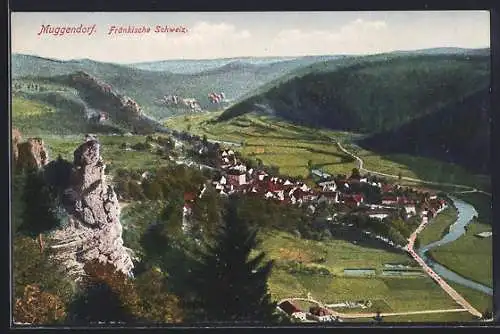 AK Muggendorf /Fränkische Schweiz, Ortsansicht mit Felsen und Tal