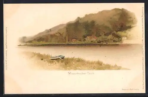 Lithographie Bad Lauterberg, Wiesenbecker Teich mit Ruderboot