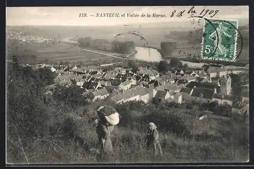 AK Nanteuil, Vue de la vallée de la Marne avec village et habitants au premier plan