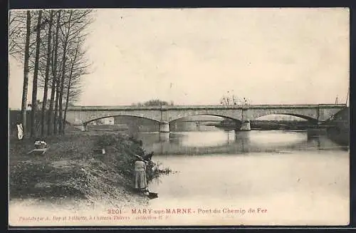 AK Mary-sur-Marne, Pont du Chemin de Fer et pêcheurs au bord de l`eau